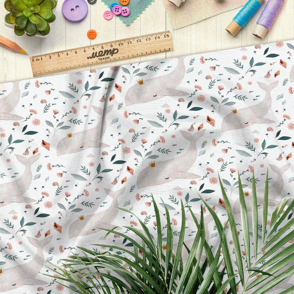 Ткань атлас пыльные киты и листва на белом фоне