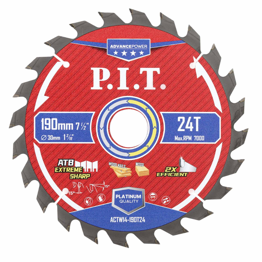 Диск пильный по дереву PIT  190x30x1,4 мм, 24T Carbide, зуб ATB 15° (ACTW14-190T24)