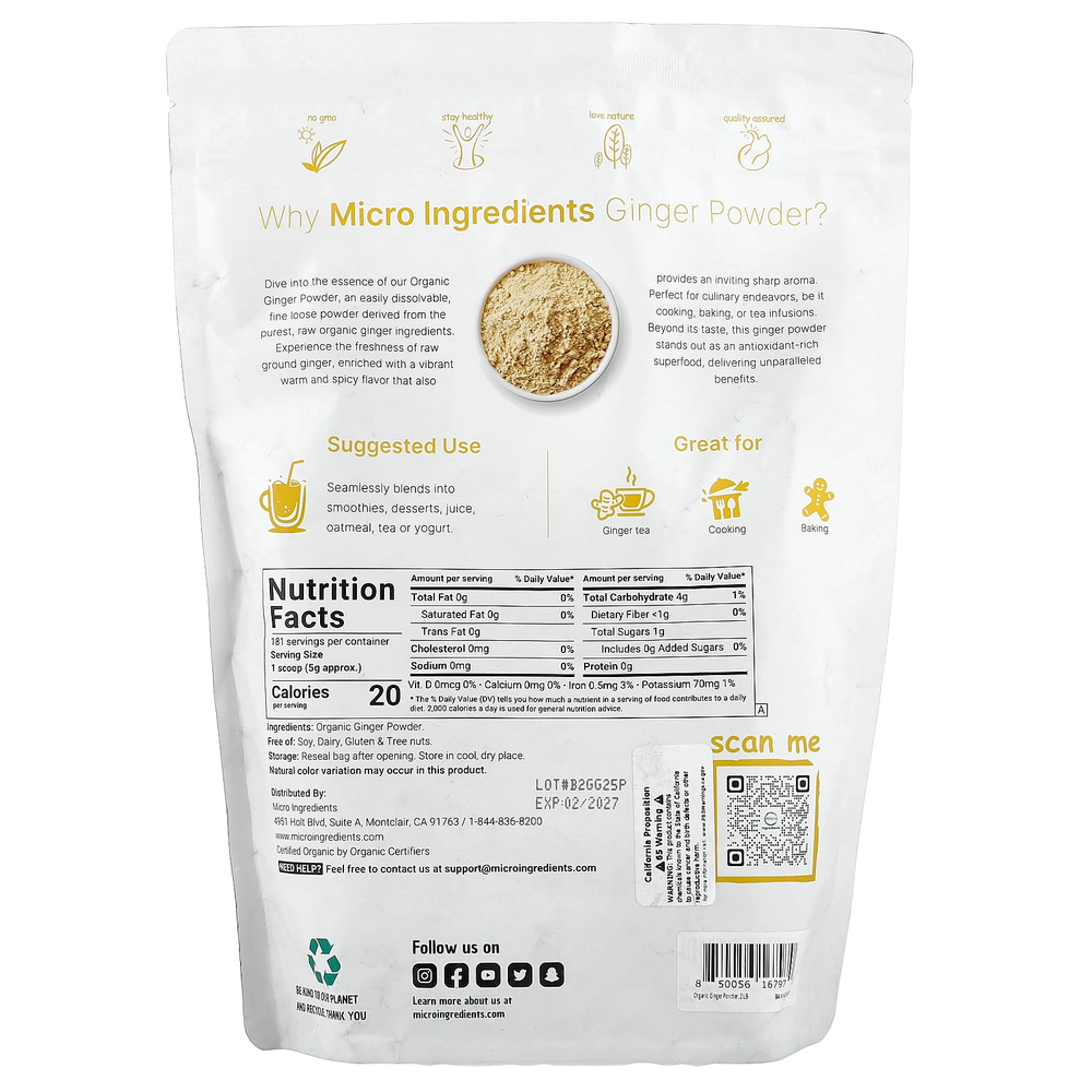 Micro Ingredients, органический порошок из имбиря, 907 г (2 фунта)