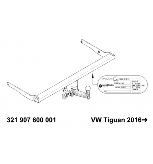 Фаркоп Westfalia 321907600001 Volkswagen Tiguan 2016-(паспорт и сертификат в комплекте)(без электрики)