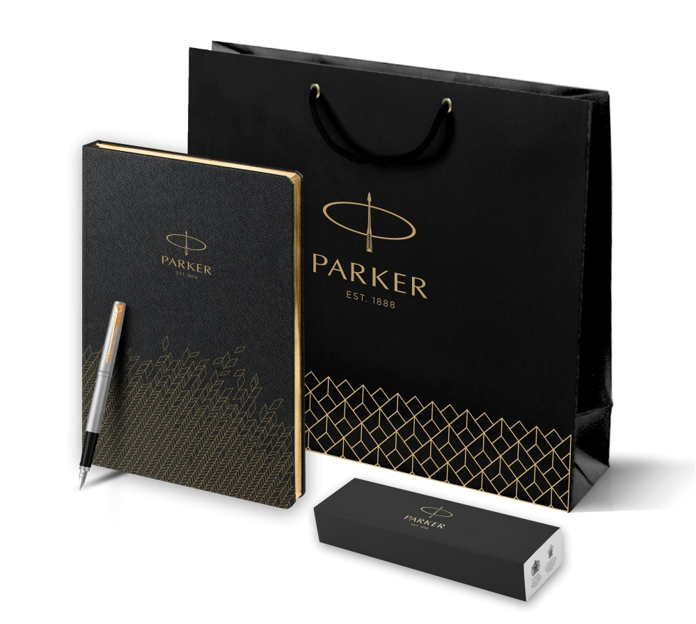 Подарочный набор: Ручка перьевая Parker Jotter Stainless Steel GT, Mblue и Ежедневник  недатированный, чёрный