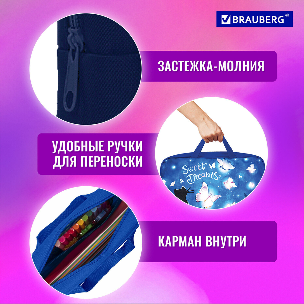 Папка на молнии с ручками BRAUBERG А4 1 отделение полиэстер 80 мм "Sweet dreams" (2 штуки в упаковке)