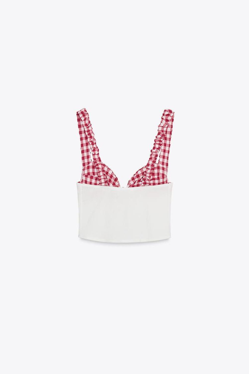 ZARA КОРСЕТНЫЙ ТОП В КЛЕТКУ ВИШИ, ЖЕЛТОВАТО-БЕЛЫЙ