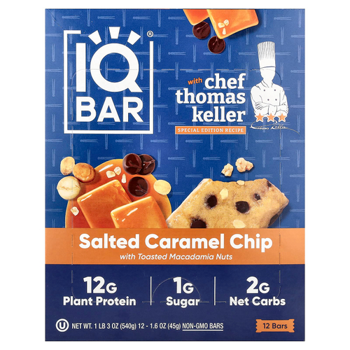 IQBAR, растительный протеиновый батончик, кусочки соленой карамели с обжаренными орехами макадамия, 12 батончиков по 45 г (1,6 унции)