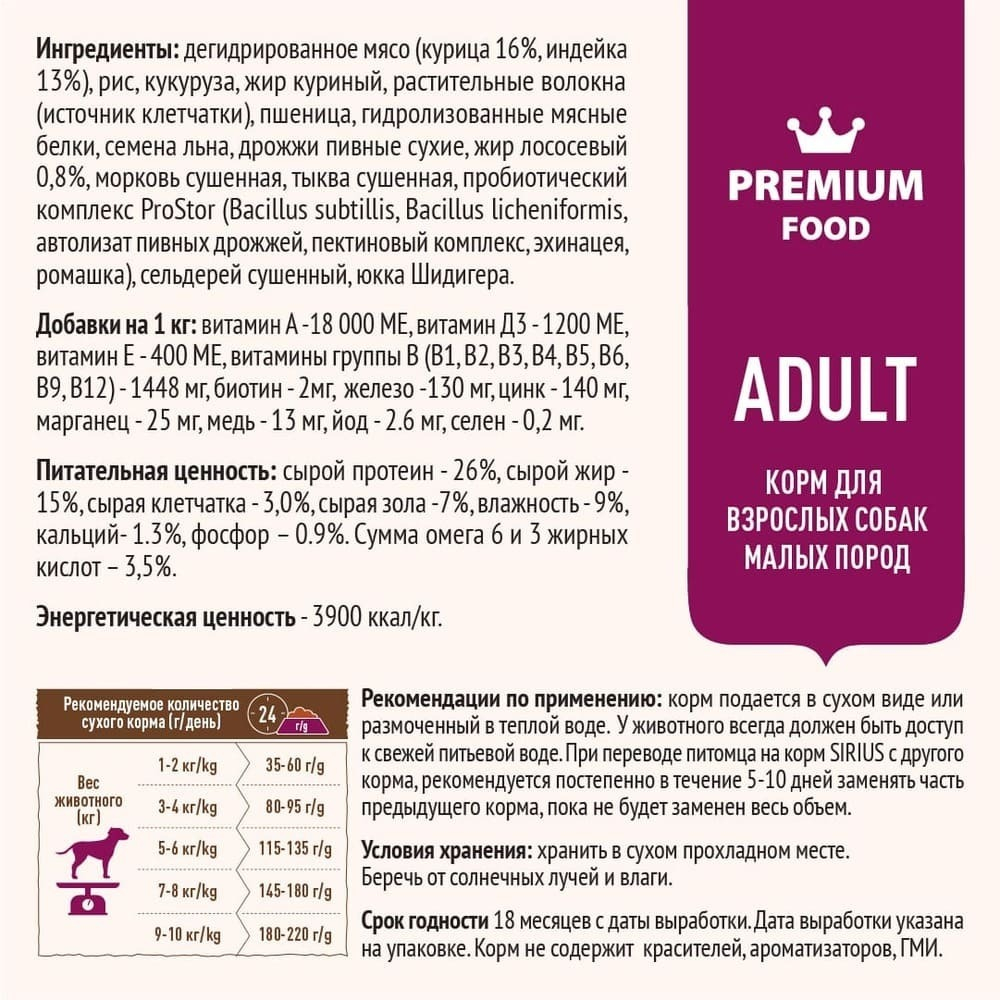 Корм сухой для взрослых собак мелких пород  с индейкой и рисом, 10кг Sirius