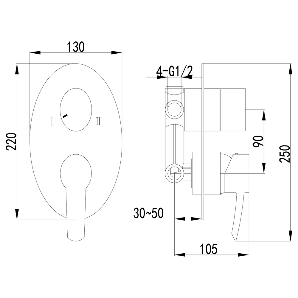 LM3227C Смеситель для ванны и душа встраиваемый с 2х-функц. дивертором, без аксессуаров (к/к 6)