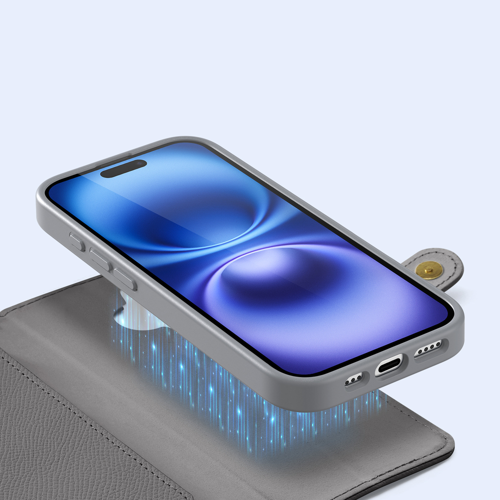 Чехол кошелек с MagSafe из TPU кожи серого цвета от Dux Ducis для iPhone 16, серия Lawa Series Case