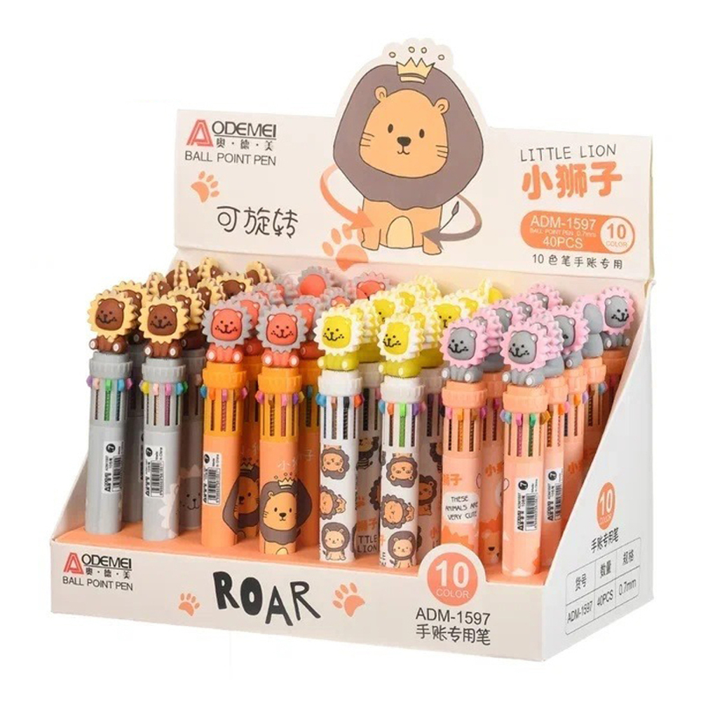 Ручка шариковая, автоматическая, 10в1, Odemei, 10-ти цветная, серия "Лёвушка", с фигуркой-гироскопом, 40 шт