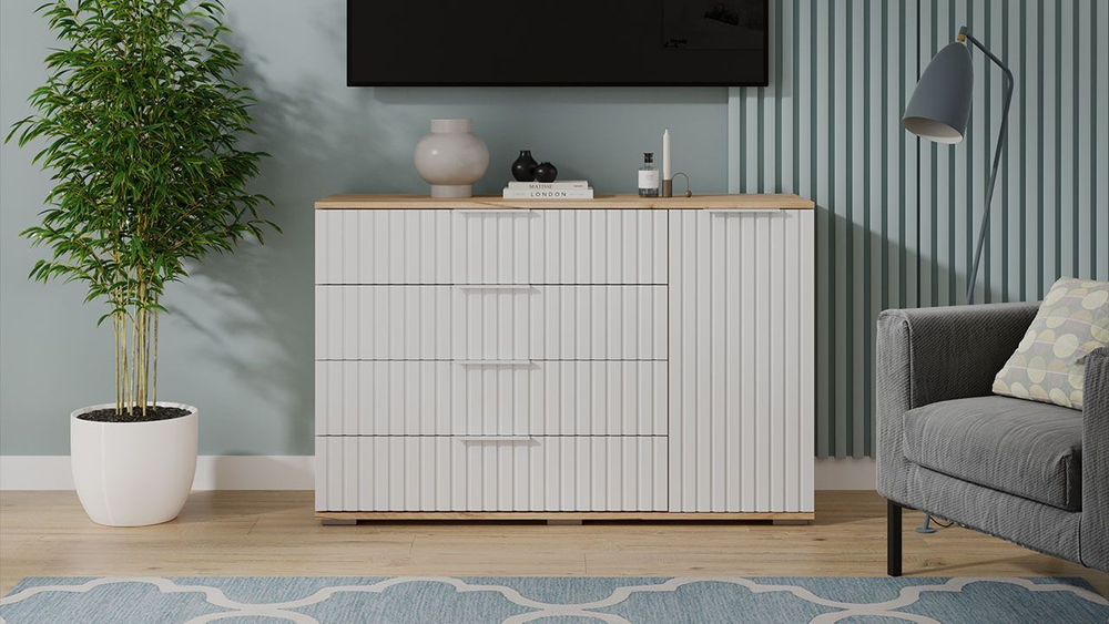 Комод для одежды с ящиками и полками Дуб Крафт золотой/Белый матовый 4 ящика 129х41х84 см