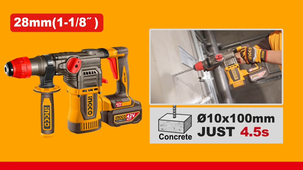 Аккумуляторный бесщеточный перфоратор SDS-Plus INGCO CRHLI422882 INDUSTRIAL 42 В 4.5 Дж