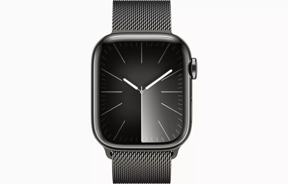 Apple Watch Series 9, 41 мм, из стали цвета «графит», миланский сетчатый браслет
