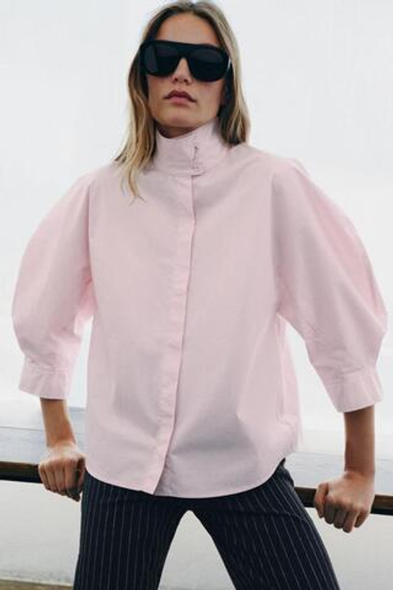 ZARA РУБАШКА С ОБЪЕМНЫМИ РУКАВАМИ ZW, БЛЕДНО-РОЗОВЫЙ