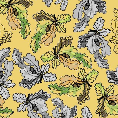 Осенние дубовые листья и желуди на охристом фоне