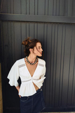 ZARA КРОП-ТОП С КРУЖЕВОМ, БЕЛЫЙ