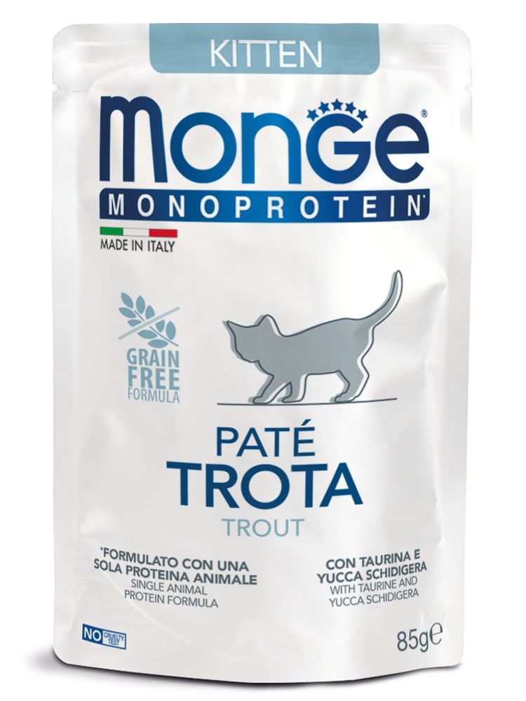 Влажный корм Monge Cat Natural Monoprotein для котят и беременных кошек, из форели, паучи 85 г