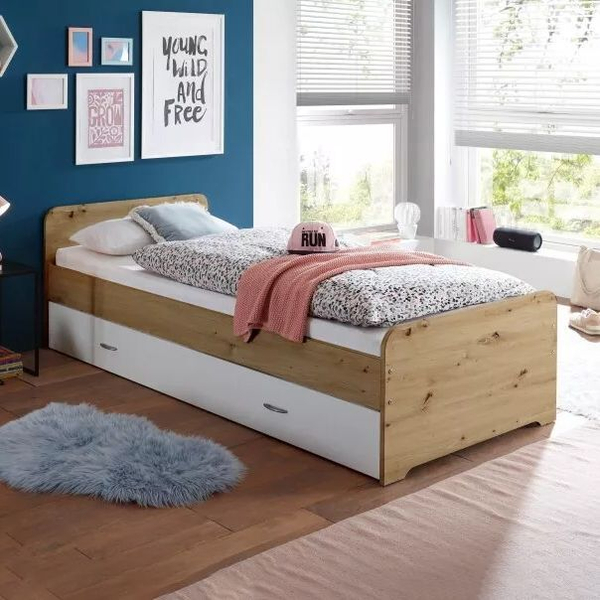 Односпальная кровать 90х200 Дупло с выдвижным спальным местом, дуб артизан/белый