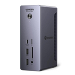 Thunderbolt-Хаб Ugreen Revodok Max Thunderbolt 4 с внешним питанием (U710) Подключение: съёмный кабель Thunderbolt 4 (0,8 м), DC (180 Вт). Порты: 2 Thunderbolt 4, USB-C 3.2 Gen 2 (PD 20 Вт), 2 USB-A 3.2 Gen 2, 2 USB-A 3.2 Gen 1, microSD UHS-II (4.0), SD U