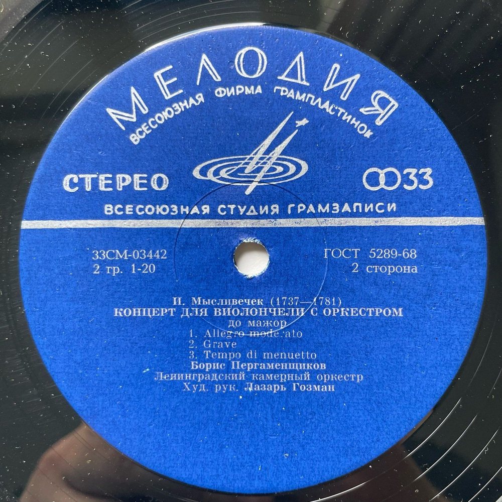 Винтажная виниловая пластинка LP И. Мысливечек, Симфония / Ария / Концерт Для Виолончели С Оркестром (СССР 1972)