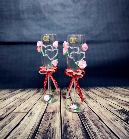 Свадебные бокалы , золото с розовым, Совет да любовь, матовые