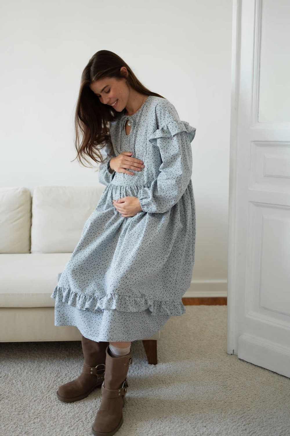 Платье Ася из фланели для беременных и кормящих мам, Серо-голубой с кофейными цветами