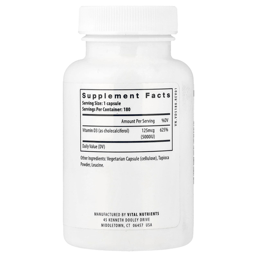 Vital Nutrients, Витамин D3, 5000 МЕ, 180 вегетарианских капсул