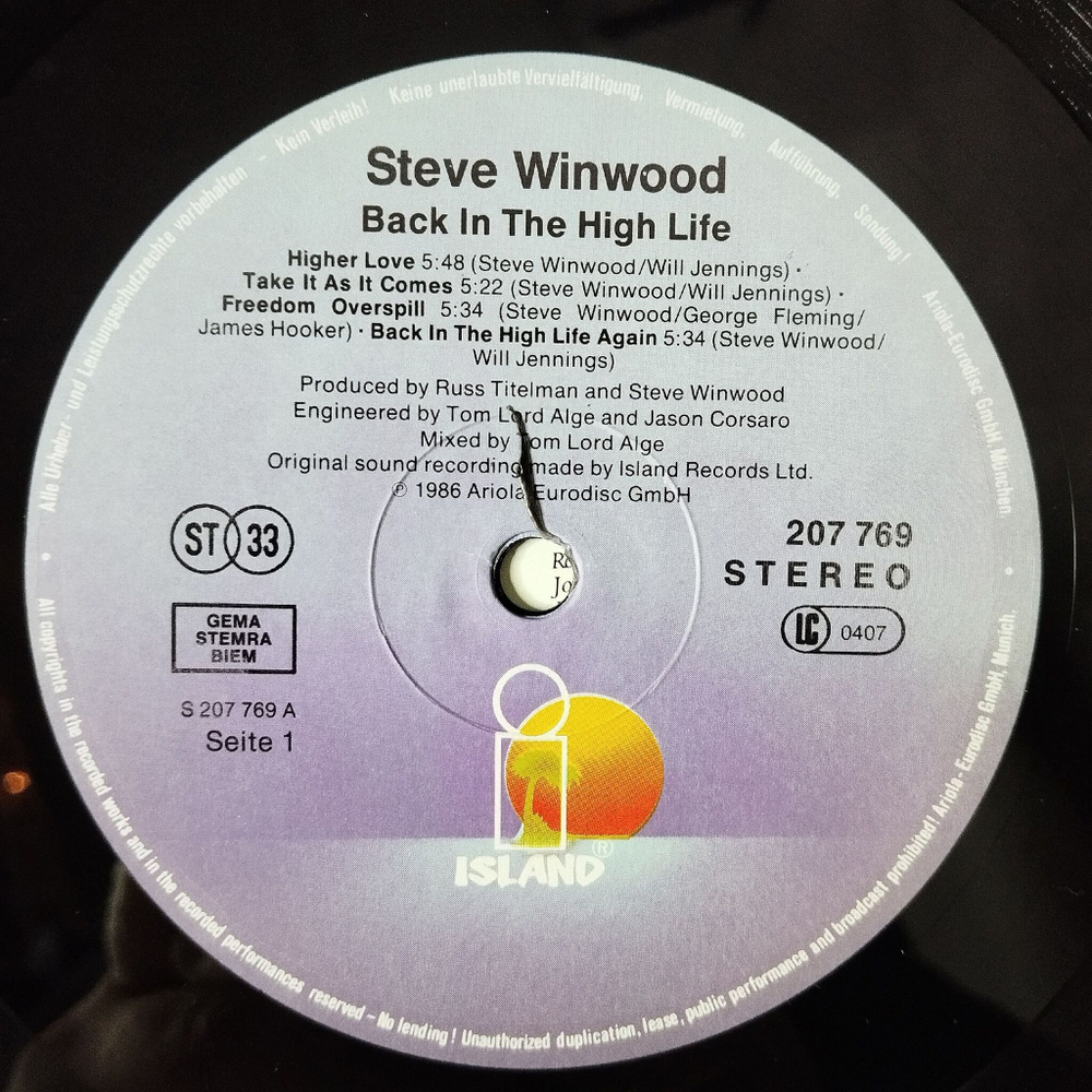 Винтажная виниловая пластинка LP Steve Winwood Back In The High Life (Germany 1986)