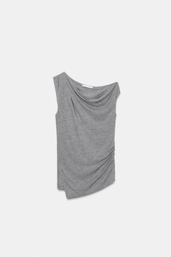 ZARA ТОП АСИММЕТРИЧНОГО КРОЯ СО СБОРКАМИ, СЕРЫЙ МЕЛАНЖ