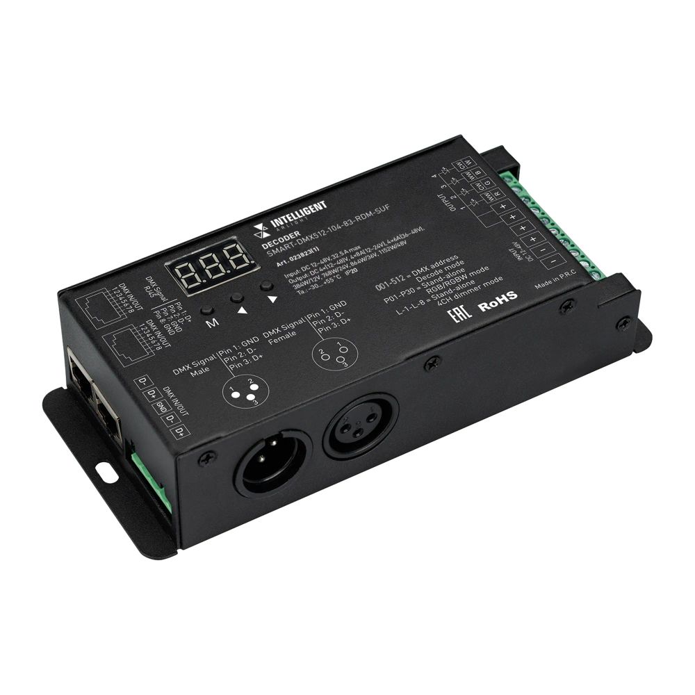 INTELLIGENT ARLIGHT Декодер SMART-DMX512-104-83-RDM-SUF (12-48V, 4x8A, XLR3/RJ45) (IARL, IP20 Металл, 5 лет) 023823(1)
