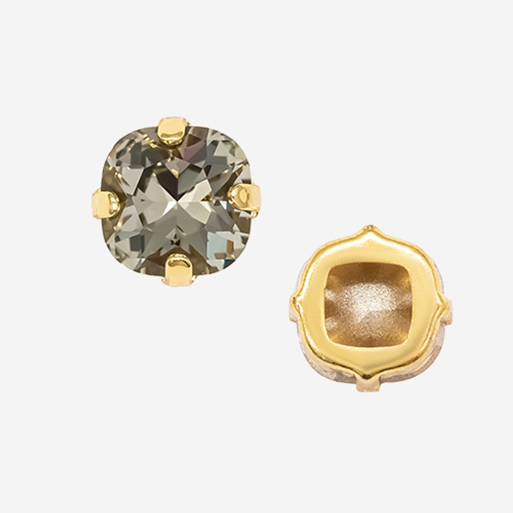 Кристалл Кушон (Сushion) в цапах, оттенок "Black Diamond", 9,2мм, позолота