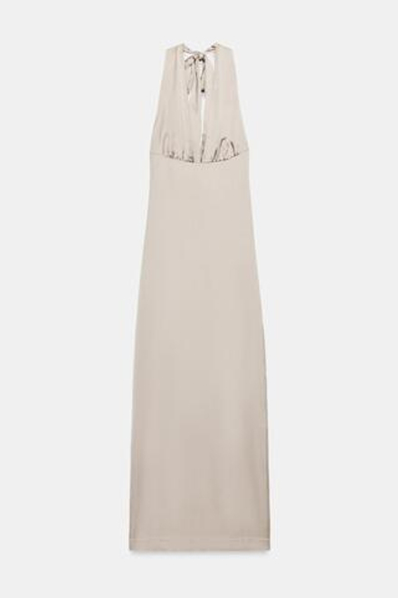 ZARA ДЛИННОЕ АТЛАСНОЕ ПЛАТЬЕ ХАЛТЕР, ТЕМНО-БЕЖЕВЫЙ