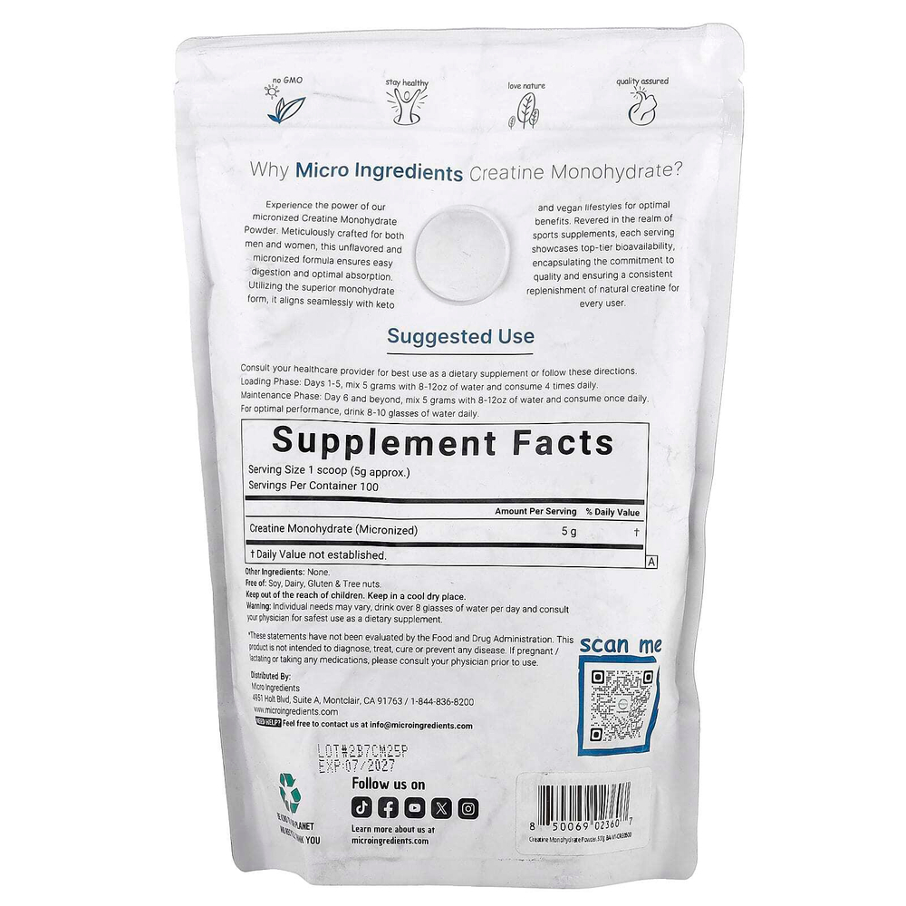 Micro Ingredients, Моногидрат креатина, без добавок, 500 г (1,1 фунта)