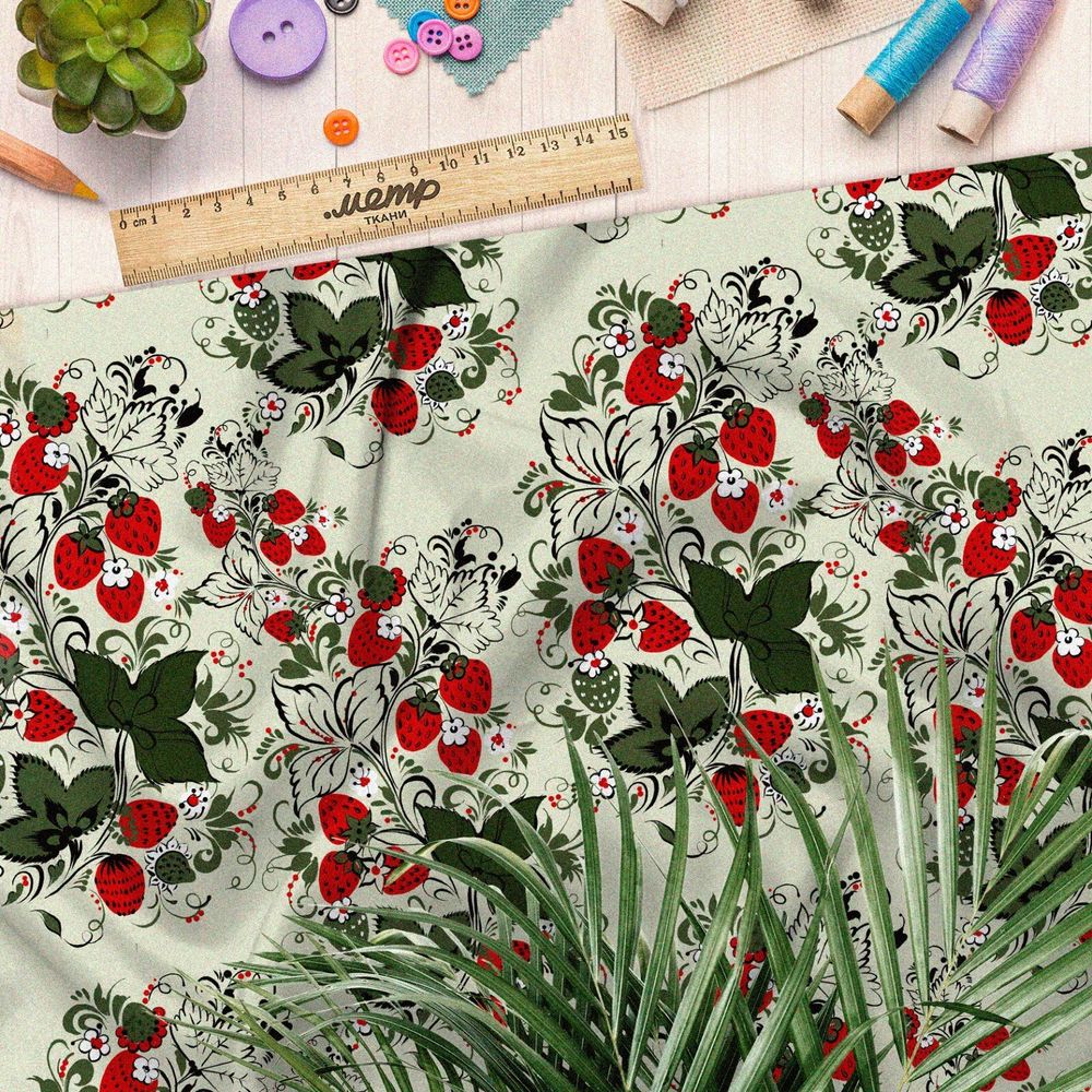 Ткань барби земляника с листьями