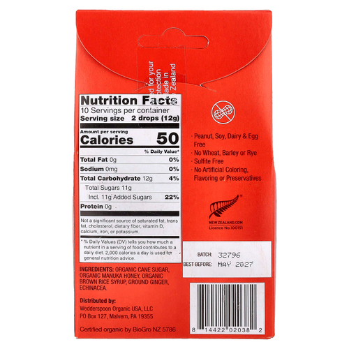 Wedderspoon, органический мед манука, капли, имбирь и эхинацея, 20 капель, 120 г (4 унции)