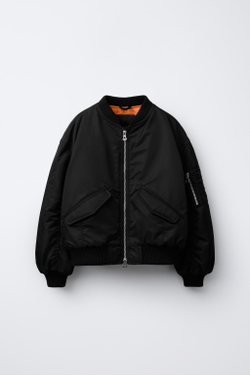 ZARA БОМБЕР ИЗ НЕЙЛОНА СО СБОРКАМИ, ЧЕРНЫЙ