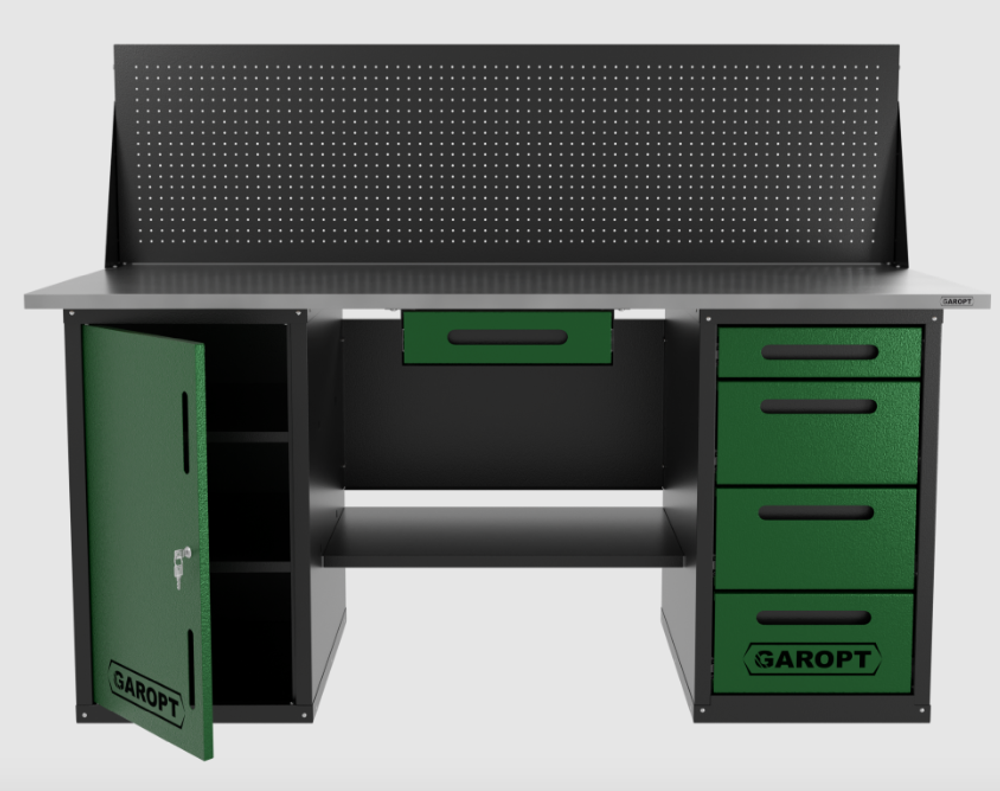 Верстак двухтумбовый дверь/4 ящиков с экраном и ящиком, зеленый 1800*700 Garopt, GT1800DY1Y4PP.green
