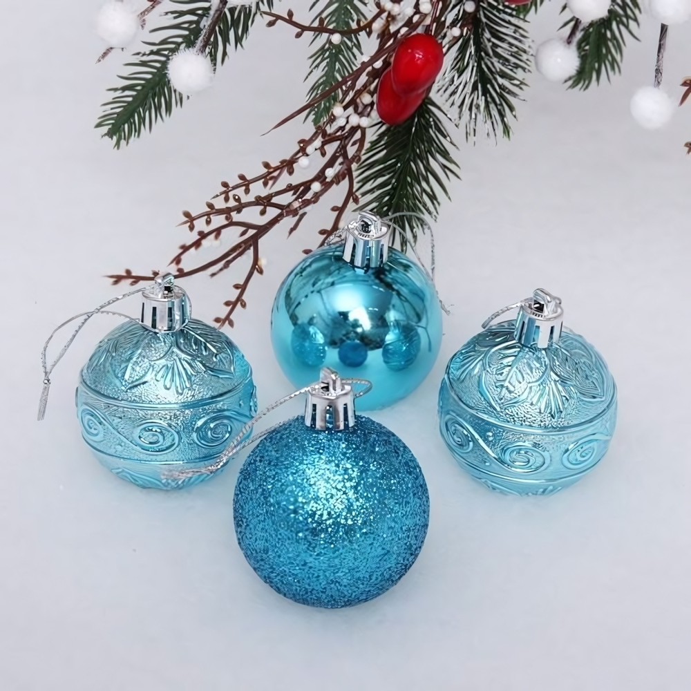 Новогодние шары 5 см (набор 4 шт) "Микс фактур", голубой (Серпантин)