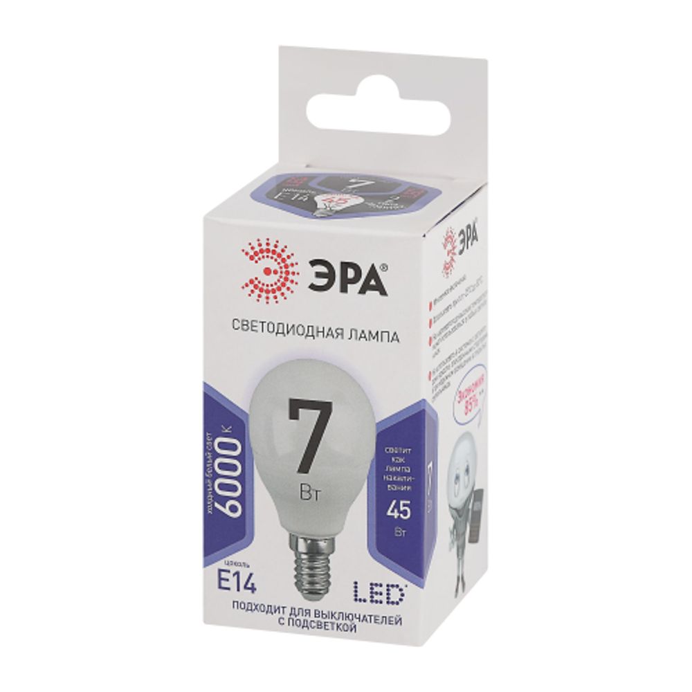 Лампа светодиодная ЭРА STD LED P45-7W-860-E14 7Вт шар холодный дневной свет Е14 | Лампы cветодиодные Шар (G/P)