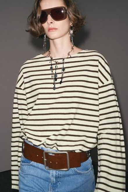 ZARA ФУТБОЛКА В ПОЛОСКУ С ДЛИННЫМИ РУКАВАМИ, БЕЖЕВЫЙ/НЕЖНО-КОРИЧНЕВЫЙ