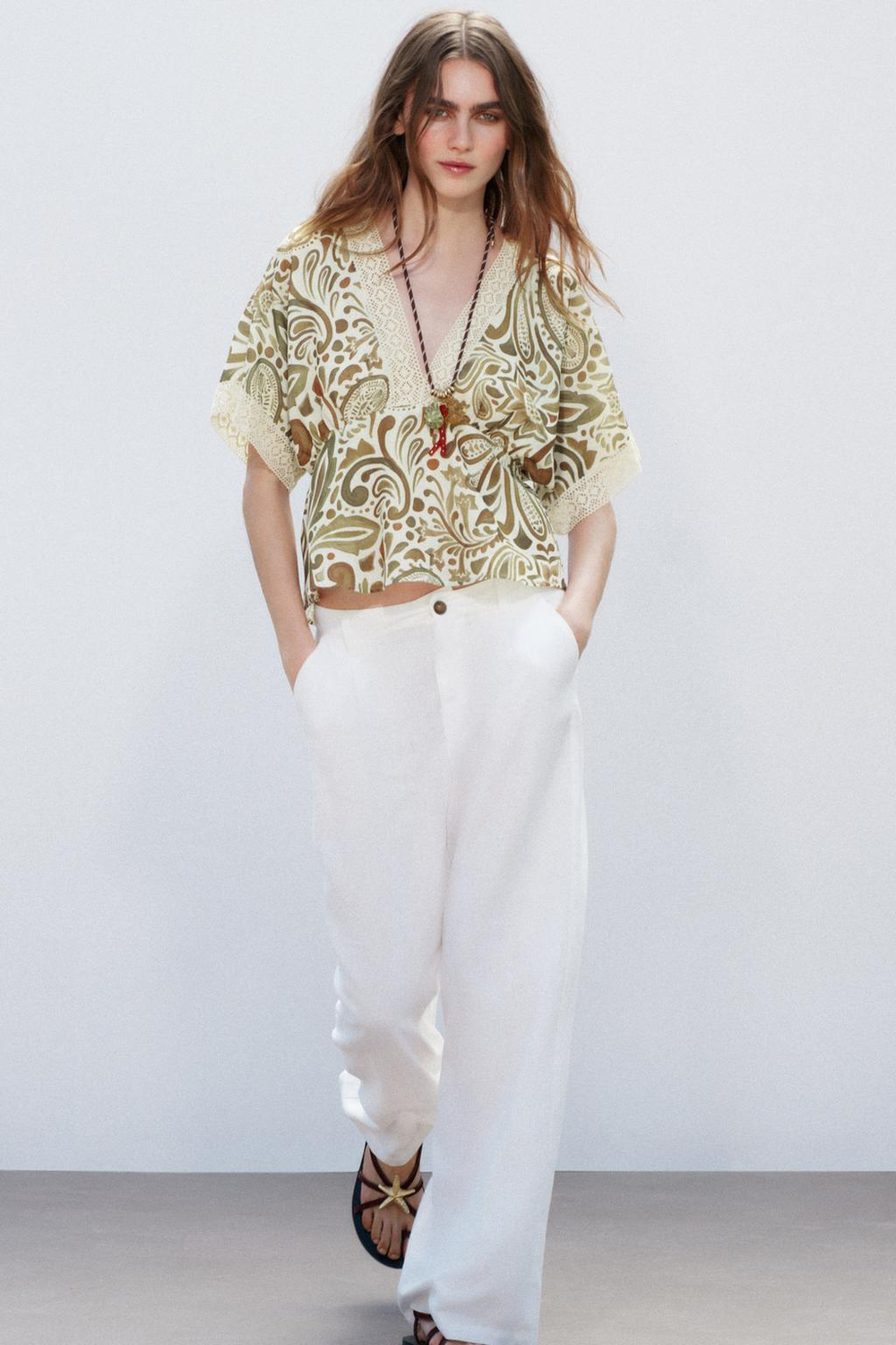 ZARA БЛУЗА ИЗ ТКАНИ С ПРИНТОМ С ДЕТАЛЯМИ ИЗ КРУЖЕВА КРОШЕ, РАЗНОЦВЕТНЫЙ