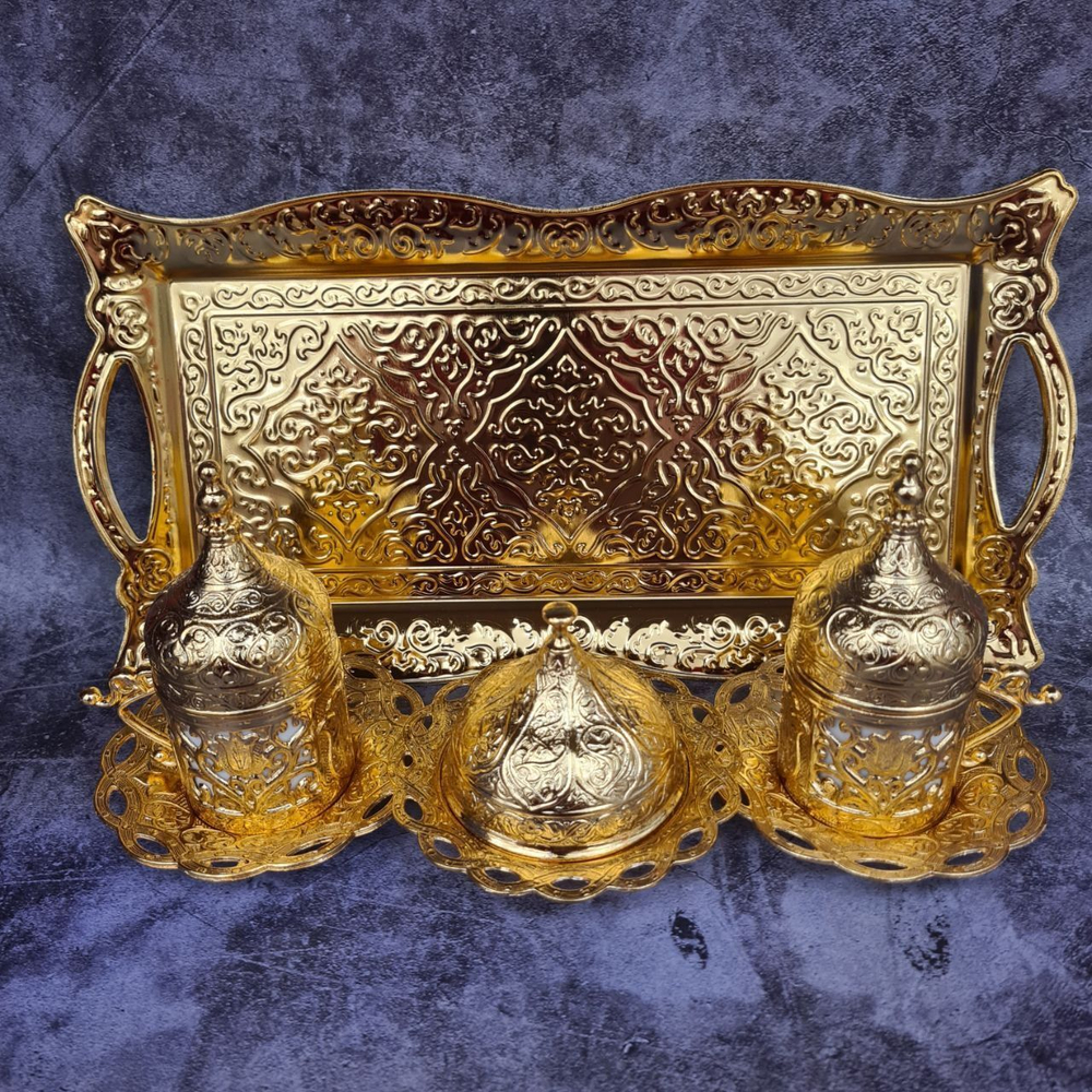 Кофейный набор "Купол" на 2 персоны с лукумницей и подносом/ACAR. Турция (золотистый)