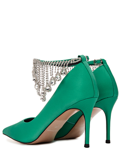 Женские кожаные туфли зелёные с камнями