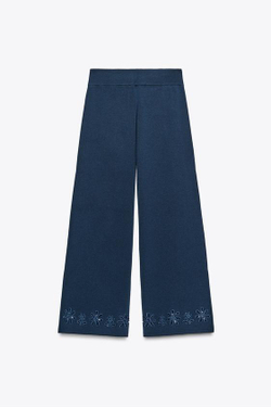 ZARA ТРИКОТАЖНЫЕ БРЮКИ С АЖУРНОЙ ВЫШИВКОЙ, СИНИЙ