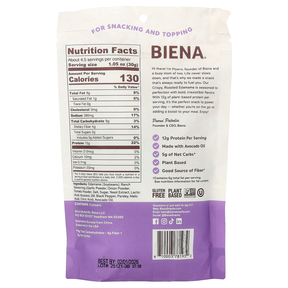 BIENA, хрустящие обжаренные бобы эдамаме, ранчо, 135 г (4,75 унции)