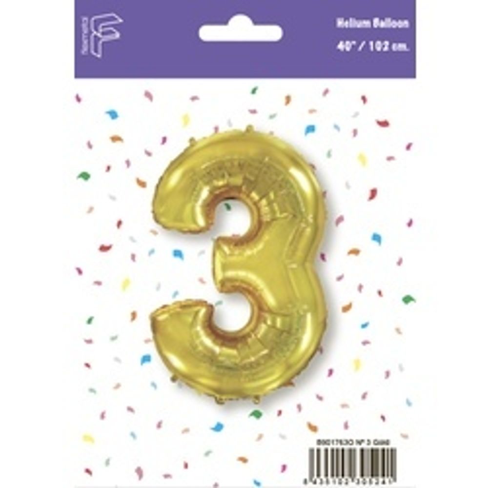 Шар (40"/102 см) Цифра, 3, Золото, 1 шт. в упак.