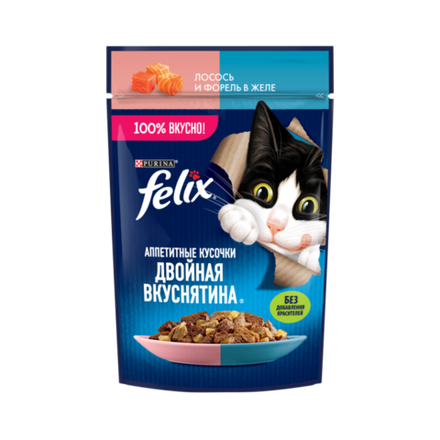 Felix 75г пауч Двойная вкуснятина Влажный корм для кошек Лосось и Форель (желе)