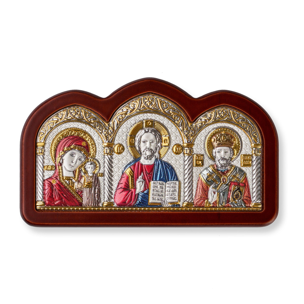 Спаситель, Казанская БМ, Николай Чудотворец, триптих, эмаль 65х115