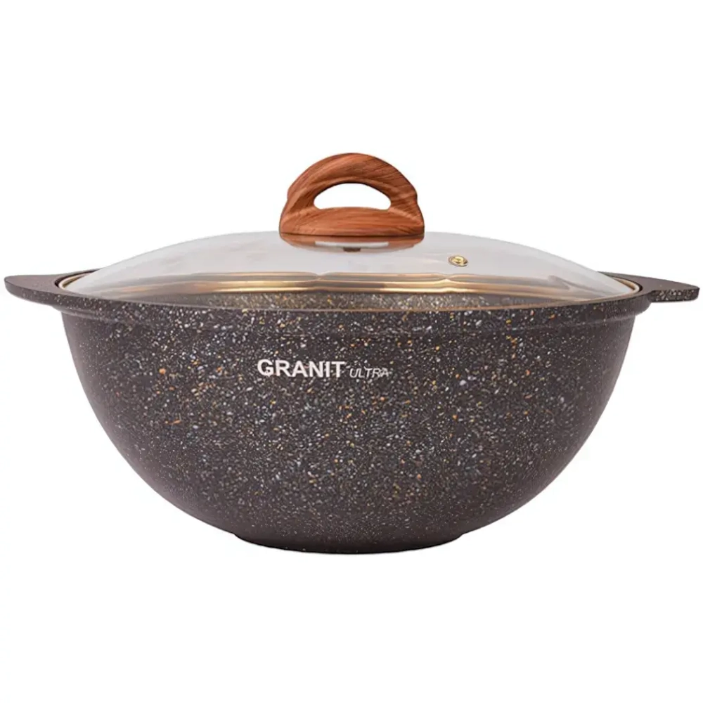 Казан для плова 4,5л со стекл. крышкой, АП линия «Granit ultra» (black-gold)