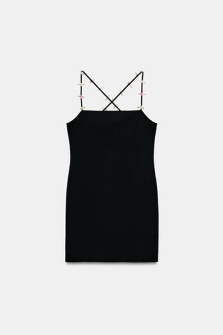 ZARA ЭЛАСТИЧНОЕ ПЛАТЬЕ НА БРЕТЕЛЯХ С ЦВЕТАМИ, ЧЕРНЫЙ