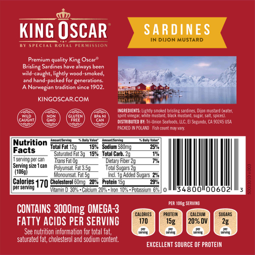 King Oscar, Wild Caught, Сардины в дижонской горчице, 3,75 унции (106 г)