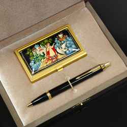 Набор подарочный "Сказка о царе Салтане" визитница персональная с ручной росписью и ручка Parker